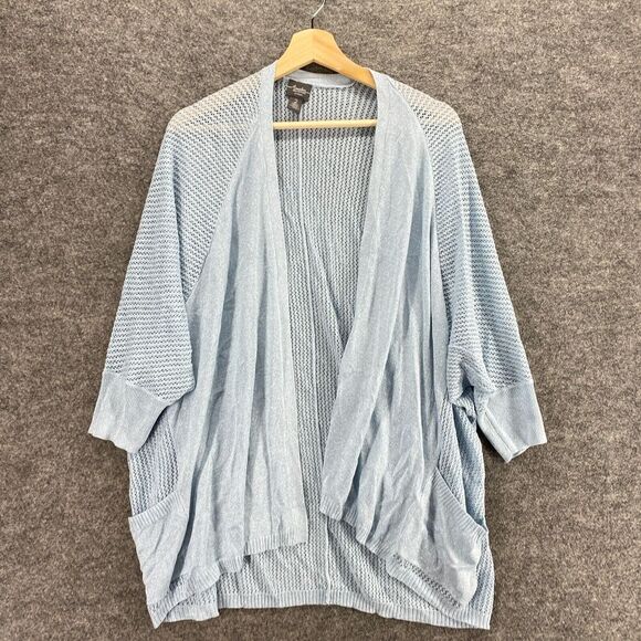 Chico's Top Women 2 Blue Crochet Travelers Open Front 3/4 Sleeve Pockets Rayon - Picture 3 of 9